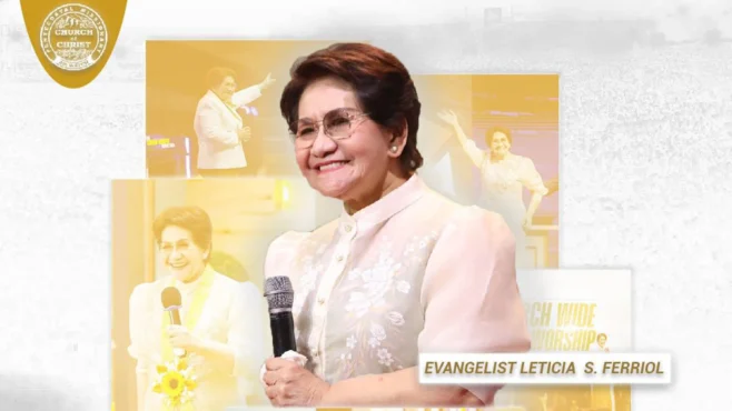 "Believers gathering to celebrate the remarkable ministry of Evangelist and Presbyter Leticia Ferriol, honoring her lifelong dedication to the gospel."