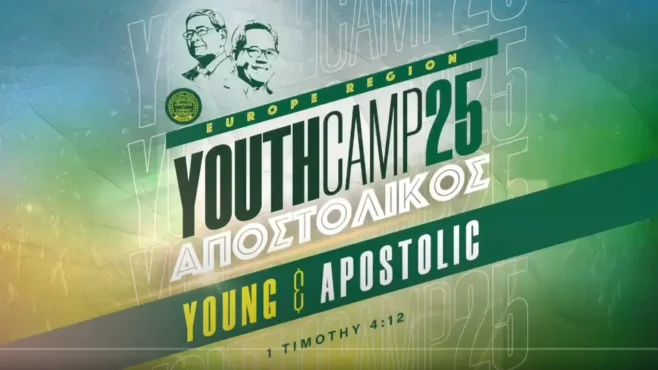 "Excited young people gathered at the Europe Region Youth Camp 2025, embracing their apostolic faith and unity."