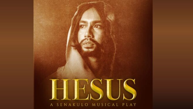 A live theatrical performance of "HESUS: A Senakulo Musical," depicting the life, death, and resurrection of Jesus Christ, with actors in costume performing scenes on stage.