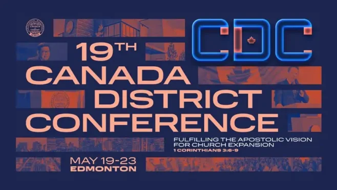 A large congregation of PMCC (4th Watch) members at the 19th Canada District Conference, with Apostle Jonathan S. Ferriol preaching on stage, delegates engaged in worship and prayer, and church leaders from around the world present.