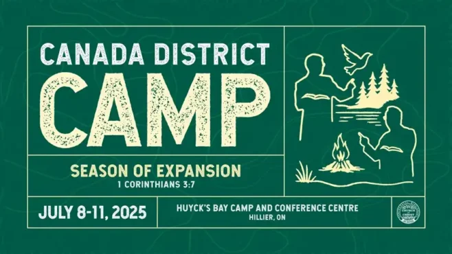 Delegates of PMCC (4th Watch) Canada District Camp 2025 gathered at Huyck’s Bay Camp & Conference Centre, participating in worship, seminars, and fellowship activities, with Evangelists Leticia Ferriol and Violy Concepcion leading sessions on spiritual growth and church expansion.